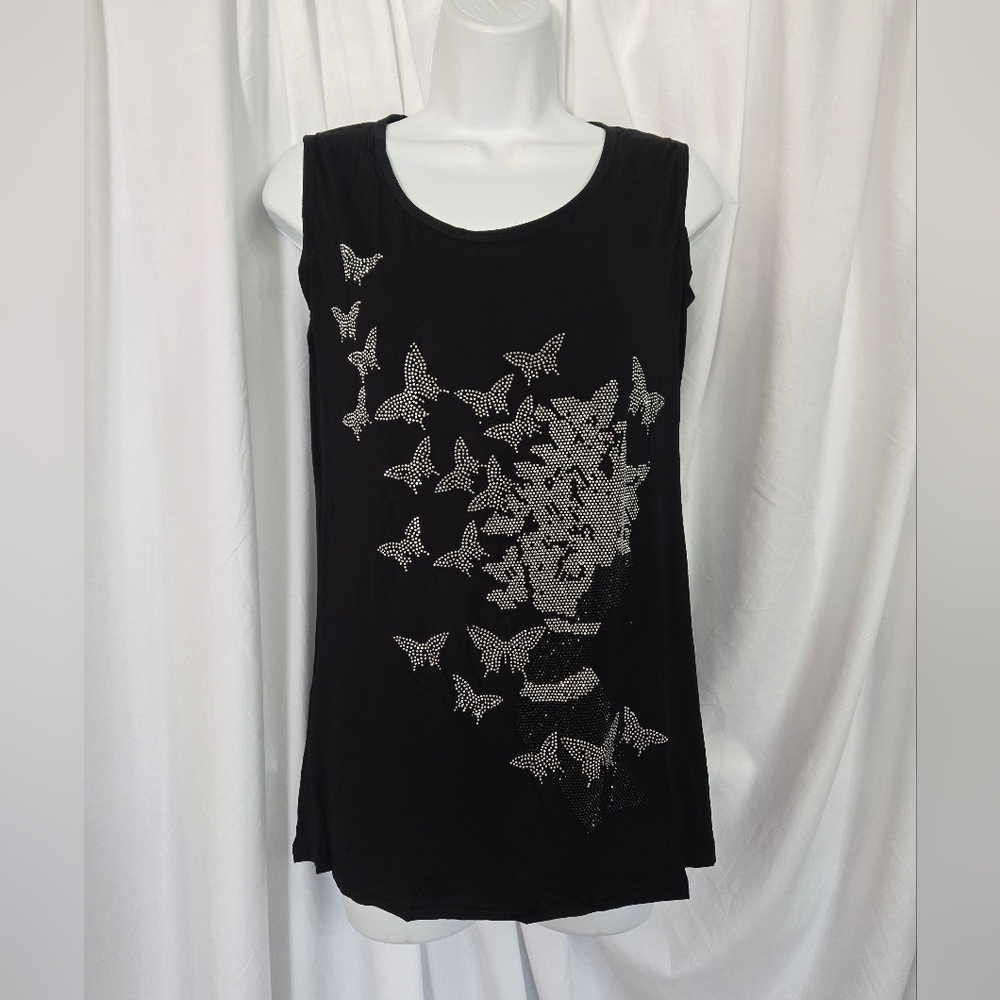 Shiny Chic Black Sleeveless Top with Butterfly Accents rhinestones